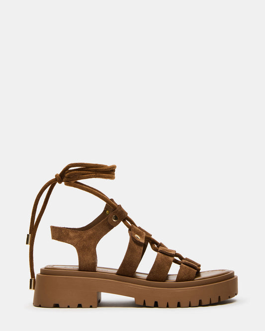LYRIAN Cognac Suede Platform Lace-Up Strappy Women's Sandal