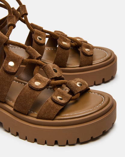 LYRIAN Cognac Suede Platform Lace-Up Strappy Women's Sandal