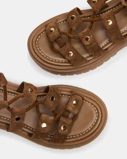 LYRIAN Cognac Suede Platform Lace-Up Strappy Women's Sandal