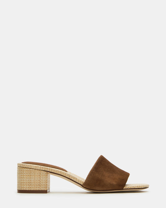 HAILEE Chestnut Suede Women's Square-Toe Raffia Block Heel Mule Sandal