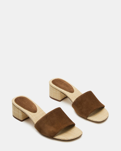 HAILEE Chestnut Suede Women's Square-Toe Raffia Block Heel Mule Sandal