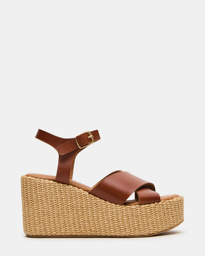 JETSET Cognac Leather Raffia Platform Wedge Women's Sandal