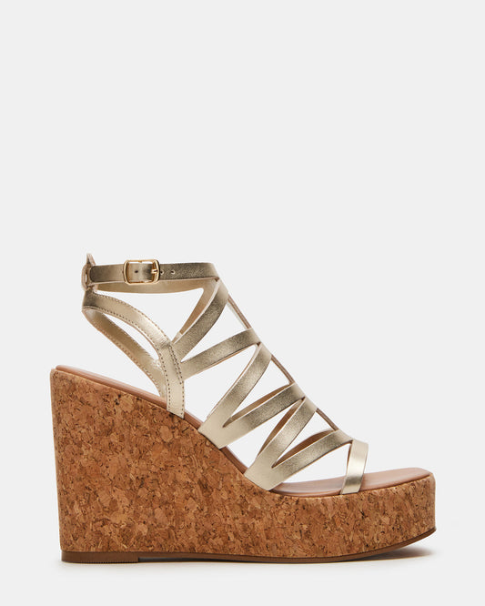COZETTE Gold Leather Women's Platform Square-Toe Wedge Sandal
