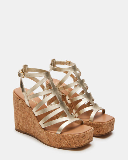 COZETTE Gold Leather Women's Platform Square-Toe Wedge Sandal