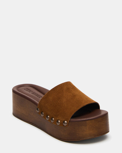 CONGA Tan Suede Platform Wood Bottom Slide Women's Sandal