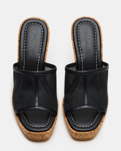 CRUZ Black Square-Toe Platform Mesh Wedge Mule Women's Sandal