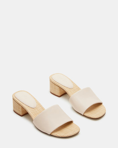 HAILEE Bone Leather Women's Square-Toe Raffia Block Heel Mule Sandal