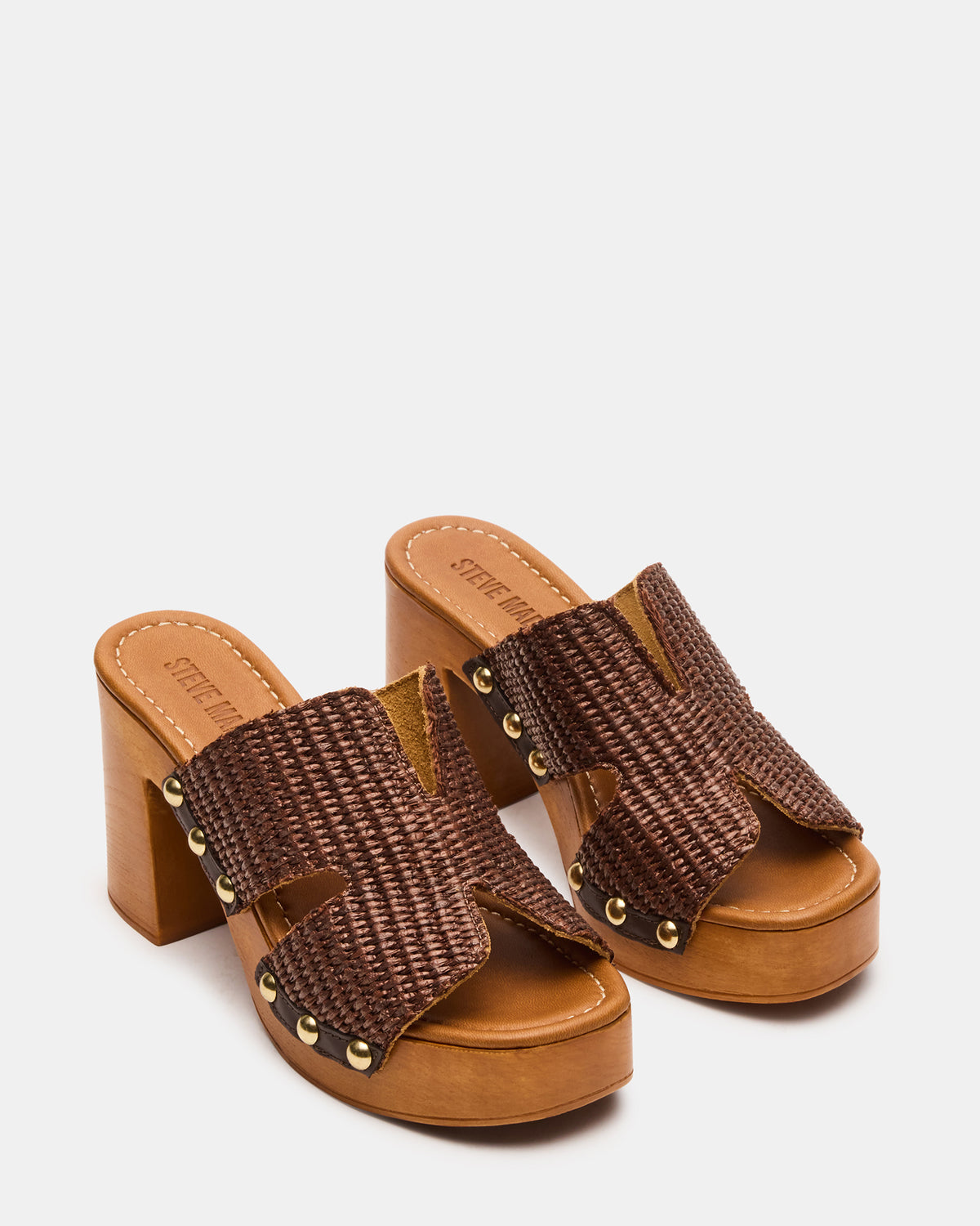 SUNKISSED Brown Raffia Platform Block Heel Studded Women's Sandal