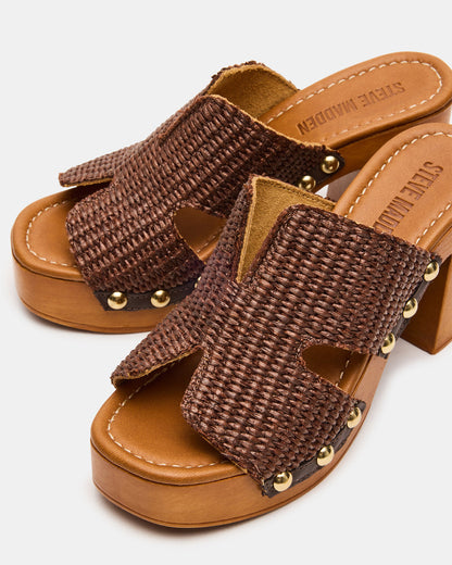 SUNKISSED Brown Raffia Platform Block Heel Studded Women's Sandal