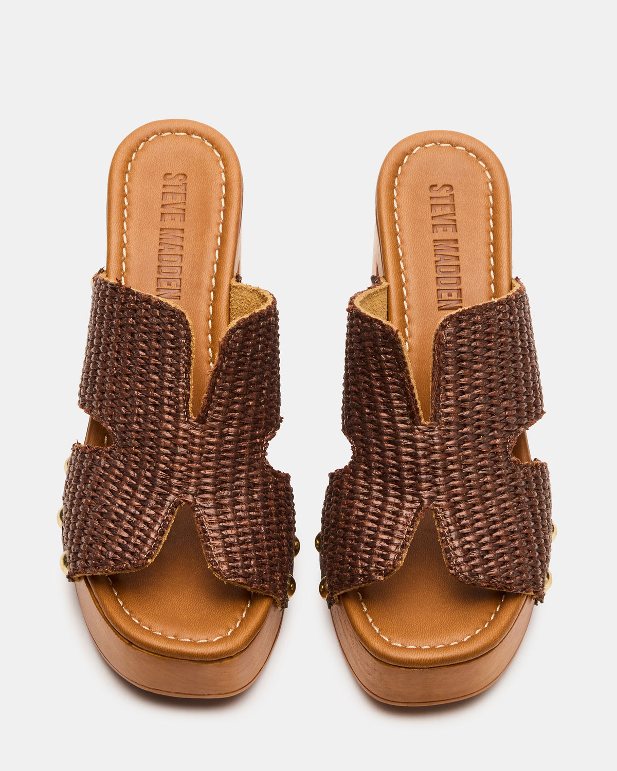 SUNKISSED Brown Raffia Platform Block Heel Studded Women's Sandal