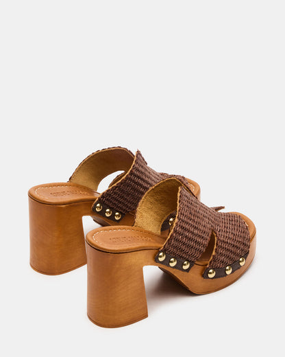 SUNKISSED Brown Raffia Platform Block Heel Studded Women's Sandal
