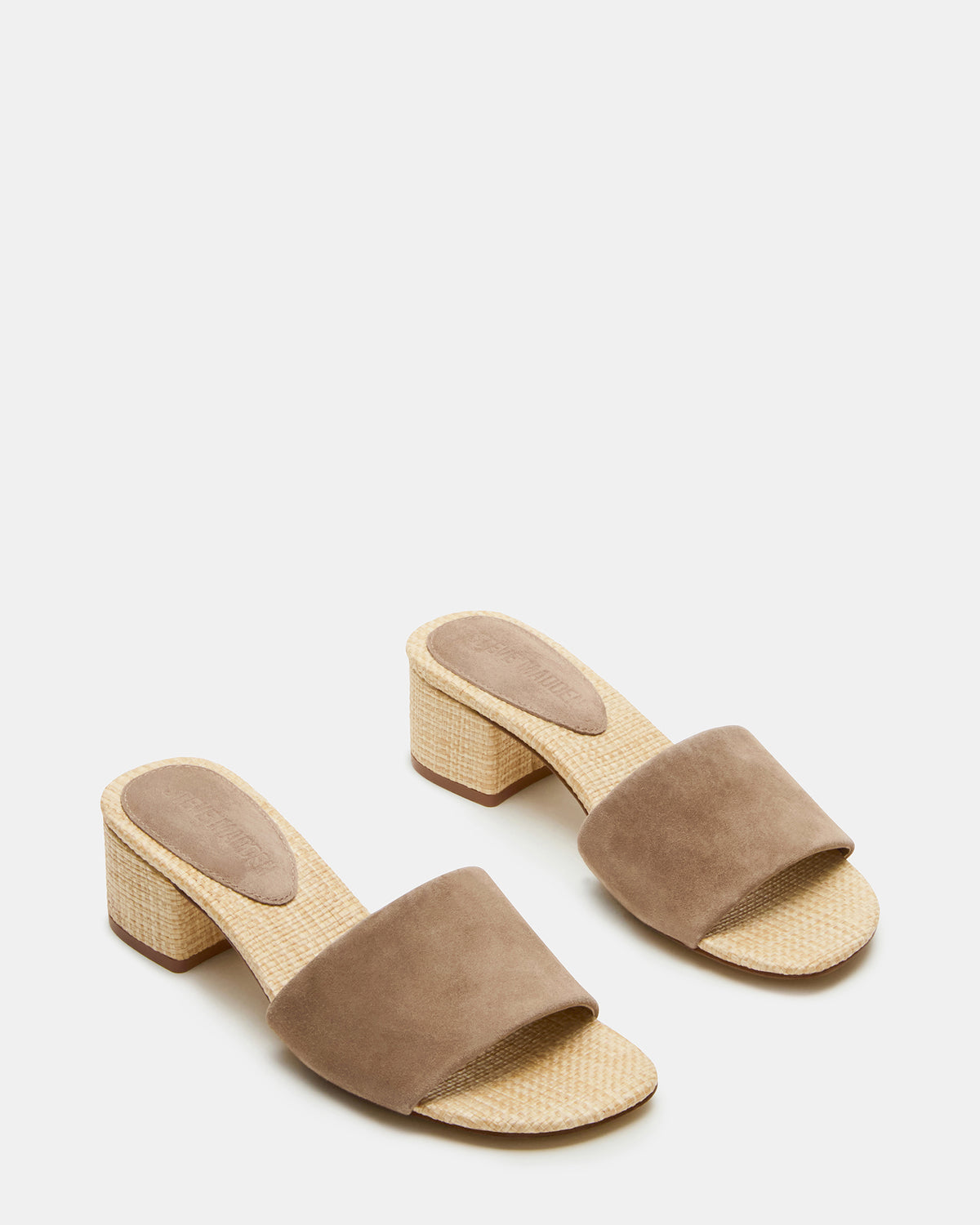 HAILEE Taupe Suede Women's Square-Toe Raffia Block Heel Mule Sandal