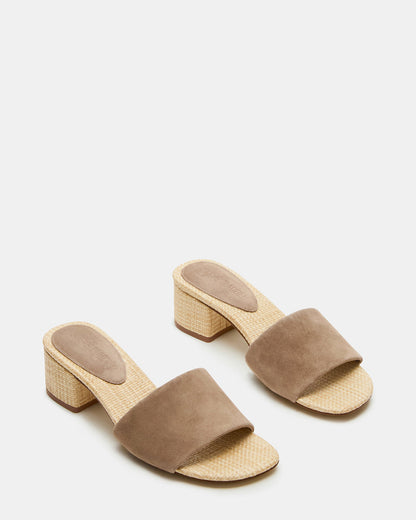HAILEE Taupe Suede Women's Square-Toe Raffia Block Heel Mule Sandal