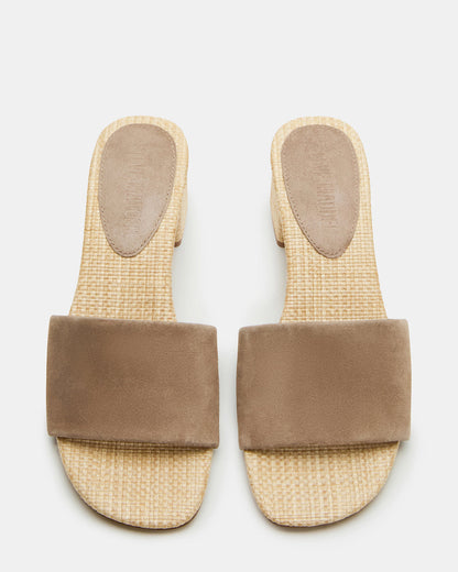 HAILEE Taupe Suede Women's Square-Toe Raffia Block Heel Mule Sandal