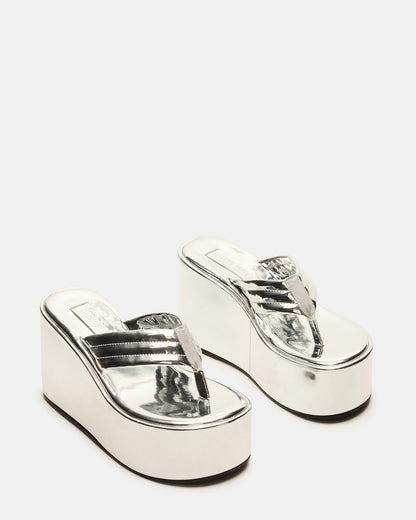 ESCAPISM Silver Crocodile Women's Platform Thong Wedge Sandal