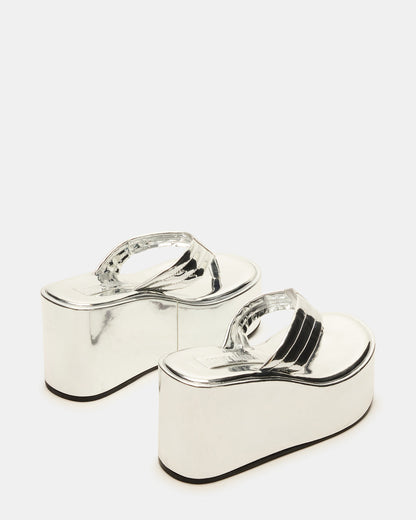 ESCAPISM Silver Crocodile Women's Platform Thong Wedge Sandal