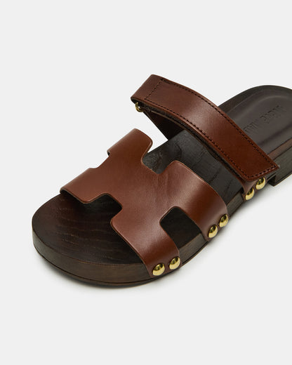 CANAL Brown Leather Wood Bottom Slide Women's Sandal