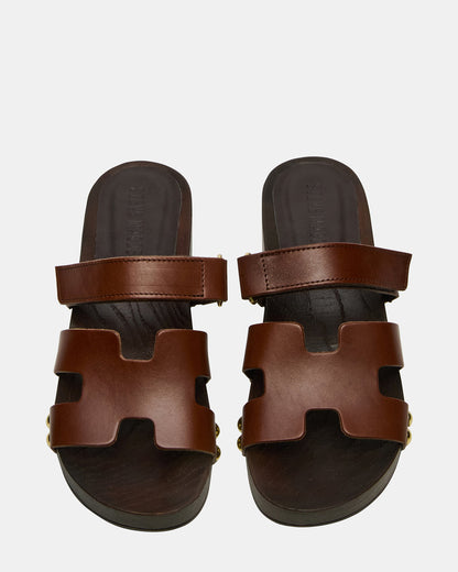 CANAL Brown Leather Wood Bottom Slide Women's Sandal
