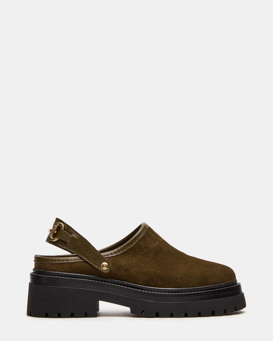 ERBA Olive Suede Platform Lug Slingback Clog Women's Flat