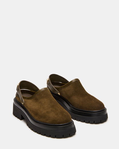 ERBA Olive Suede Platform Lug Slingback Clog Women's Flat