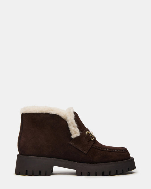 LEON Faux Fur Chocolae Brown Suede Platform Lug Sole Women's Loafer