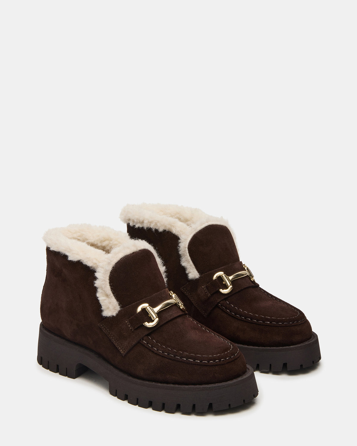 LEON Faux Fur Chocolae Brown Suede Platform Lug Sole Women's Loafer
