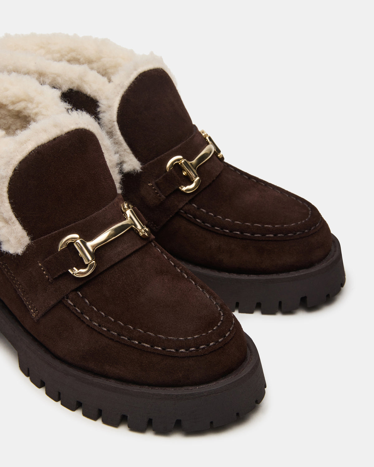 LEON Faux Fur Chocolae Brown Suede Platform Lug Sole Women's Loafer