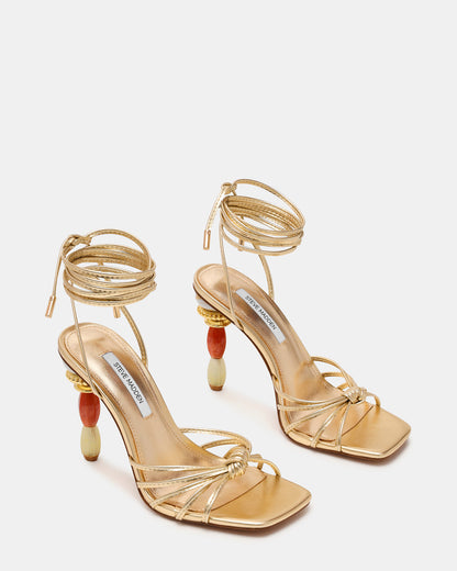 SOLENA Gold Strappy Leg-Tie Square-Toe Women's Sculptured Heel