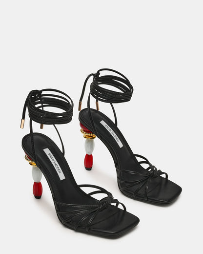SOLENA Black Strappy Leg-Tie Square-Toe Women's Sculptured Heel