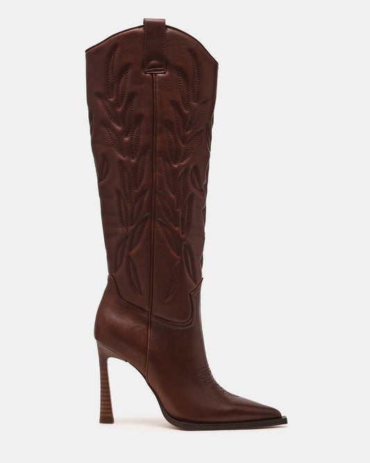 KINZEE Brown Leather Pointed-Toe Knee-High Western Stiletto Women's Boot