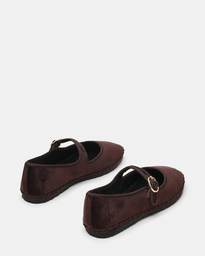 VELMA Brown Velvet Mary Jane Gold-Detail Buckle Women's Flat
