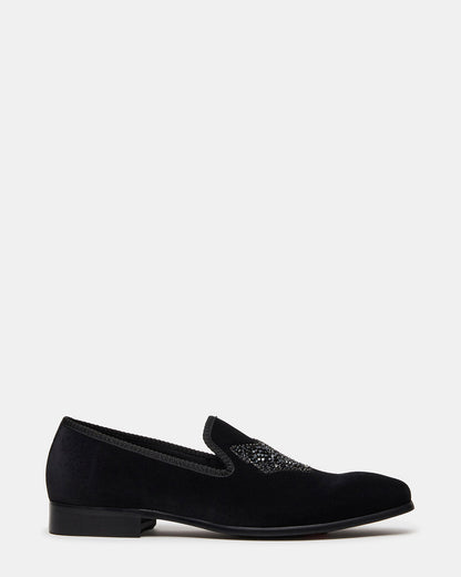 FINN Black Velvet Rhinestone Fox Head Design Slip-On Men's Loafer