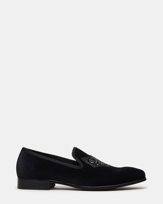 FINN Black Velvet Rhinestone Fox Head Design Slip-On Men's Loafer