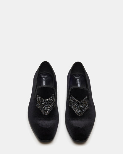 FINN Black Velvet Rhinestone Fox Head Design Slip-On Men's Loafer
