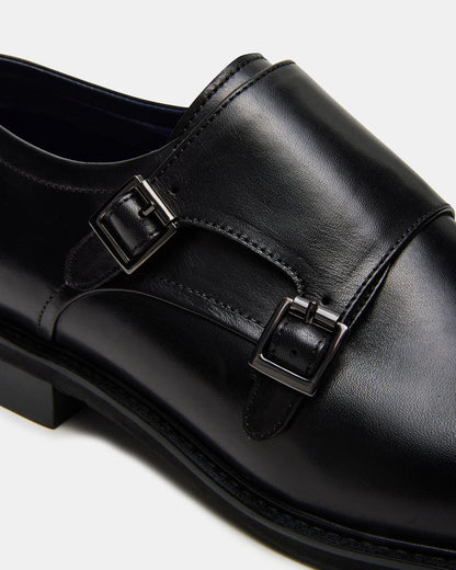 HARAN Black Leather Men's Buckle Strap Dress Shoe