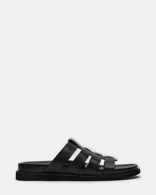 MARVYN Black Leather Men's Fisherman Slip-On Sandal