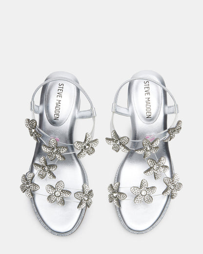 Kids' SAVVY Silver Girls' Strappy Rhinestone Block Heel