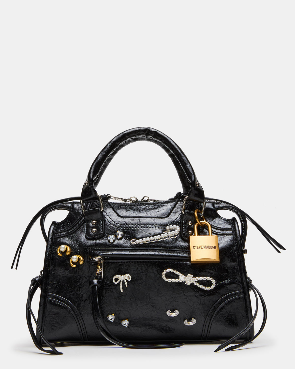 RIGGS Bag Embellished Black Distressed Slouchy Top-Handle Crossbody Satchel Handbag