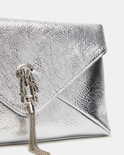 PARTAY Bag Silver Oversized Crinkle Envelope Logo Clutch Handbag