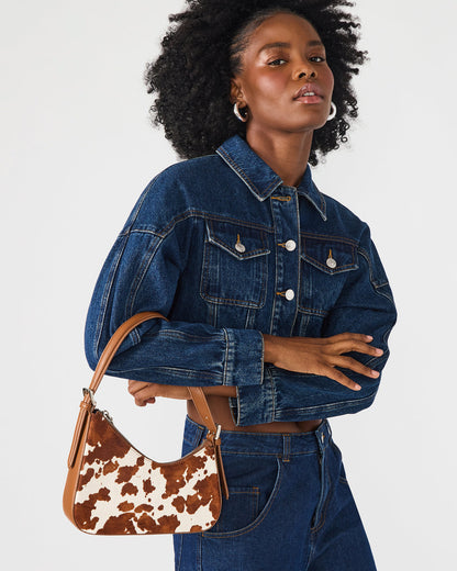 SMITH Bag Brown Cow Print Asymmetric Shoulder Handbag