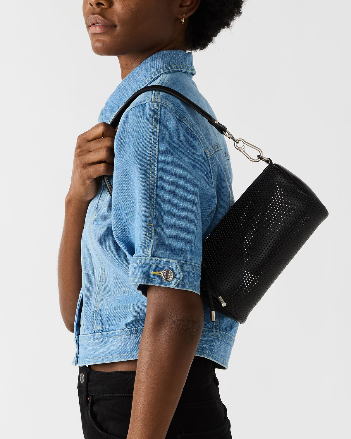 PRIYA Perforated Bag Black Mini Barrel Shoulder Handbag