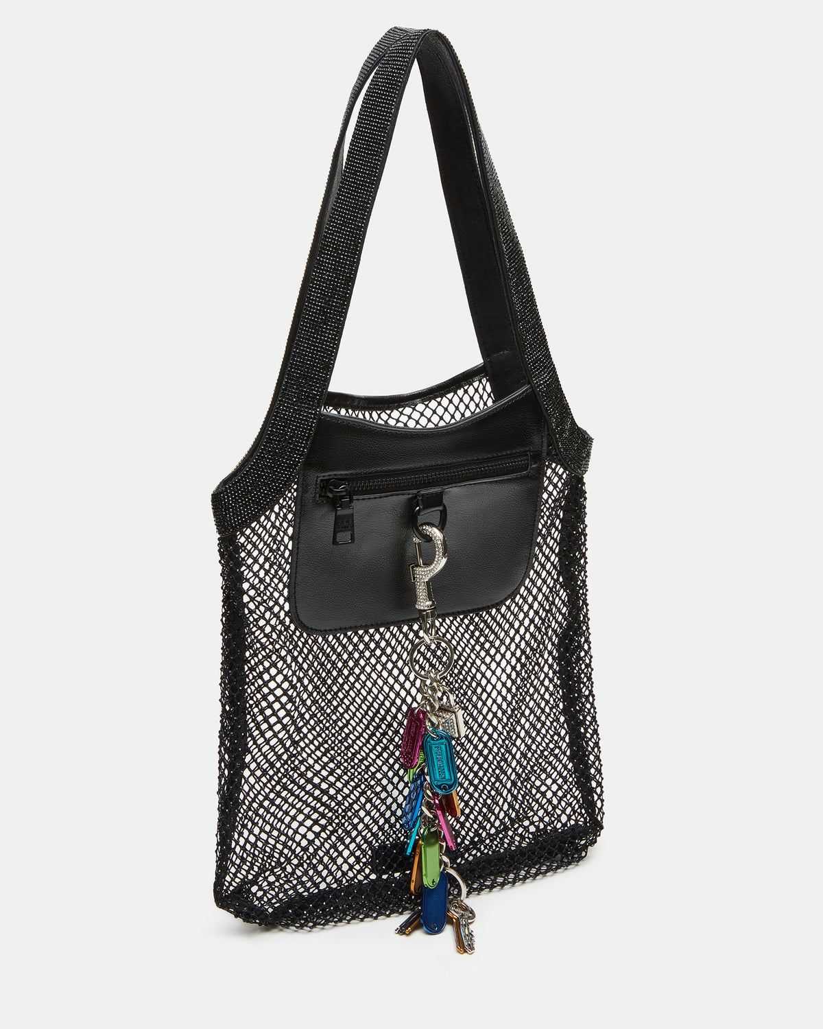 MAKIA Black Women's Crystal Rhinestone Shoulder Strap Net Tote Handbag