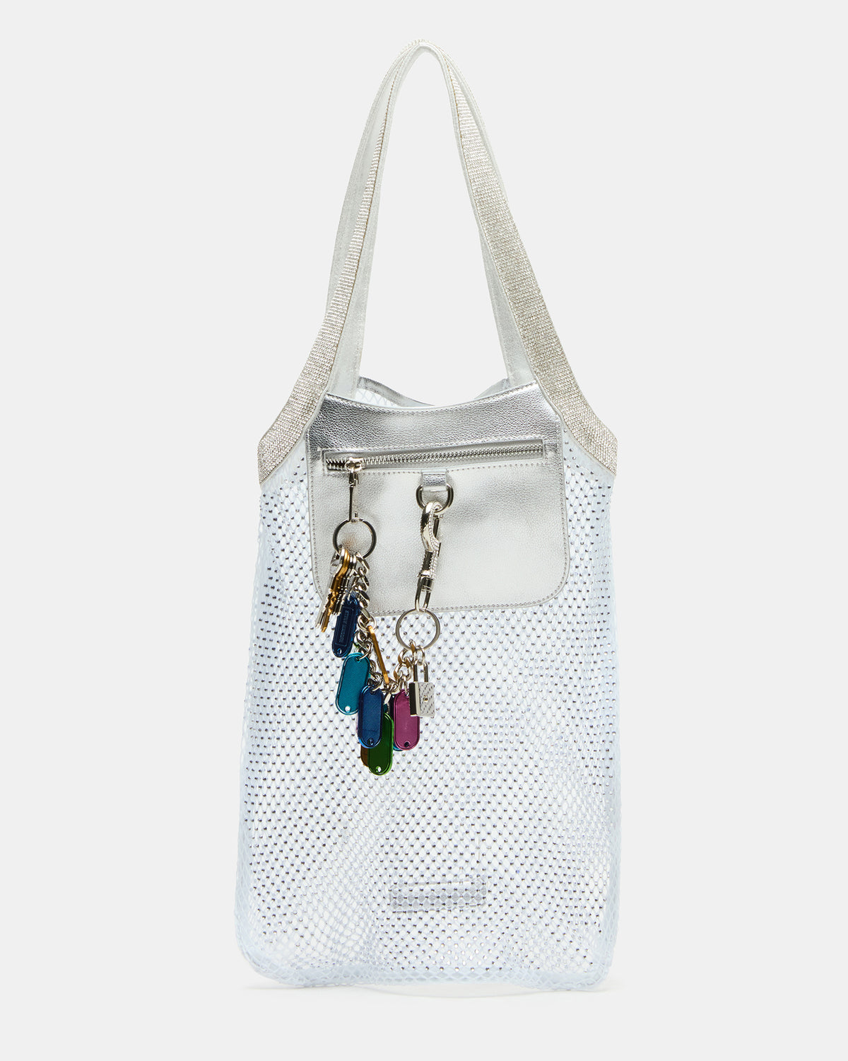 MAKIA White Women's Crystal Rhinestone Shoulder Strap Net Tote Handbag