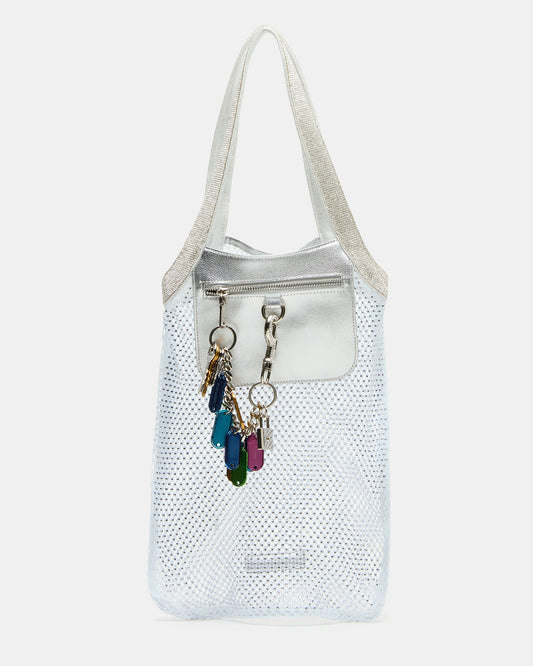 MAKIA White Women's Crystal Rhinestone Shoulder Strap Net Tote Handbag
