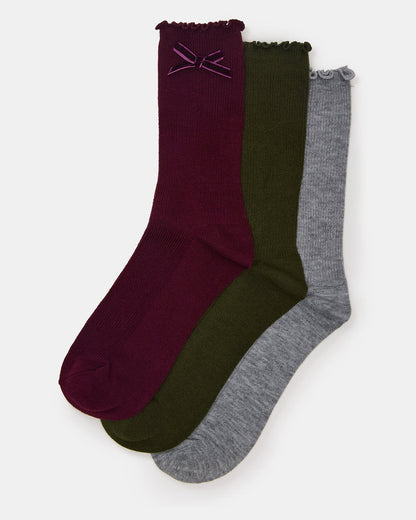 3 PACK FOLLY VELVET BOW RIB CREW SOCKS CHERRY Women's Lettuce Edge Delicate Bow Socks