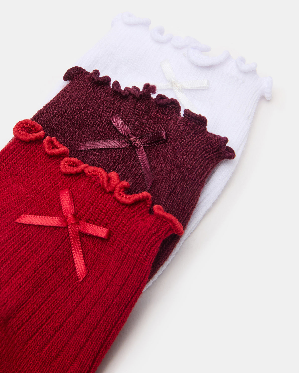 3 PACK MELODY LETTUCE EDGE BOW SOCKS RED MULTI Women's Bow Anklet Socks