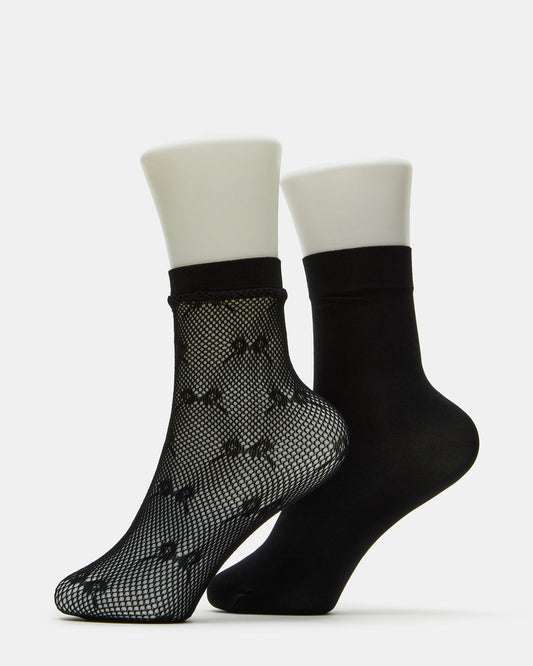 2 Pack Bow Fishnet Anklet Women's Lace Quarter Socks Black