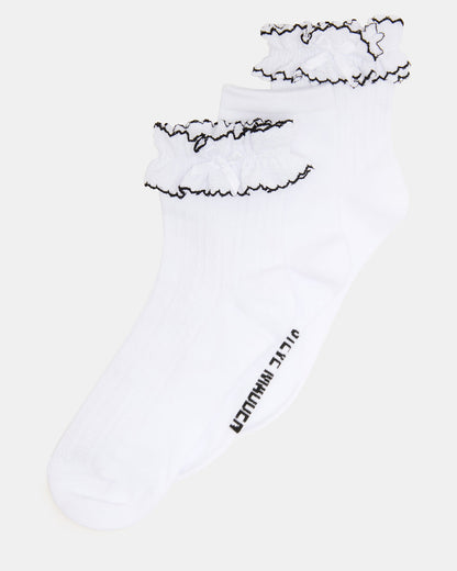 2 PACK AVA RUFFLE SOCKS WHITE Women's Double Ruffle Edge Anklet Socks