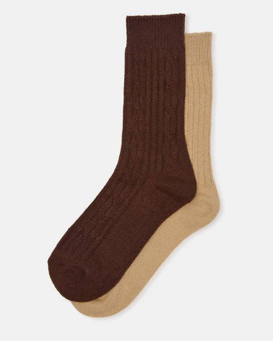 2 PACK CABLE TEXTURE BOOT SOCKS BROWN Women's Textured Quarter Book Socks
