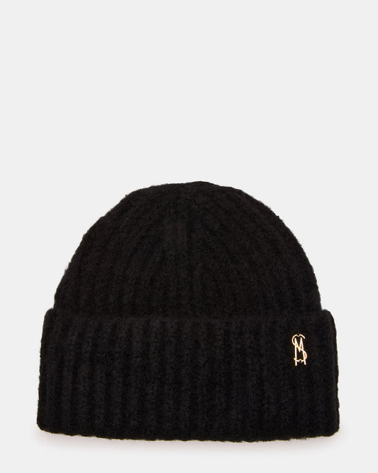 LOGO BEANIE Black Fuzzy RIbbed Knit Women's Beanie